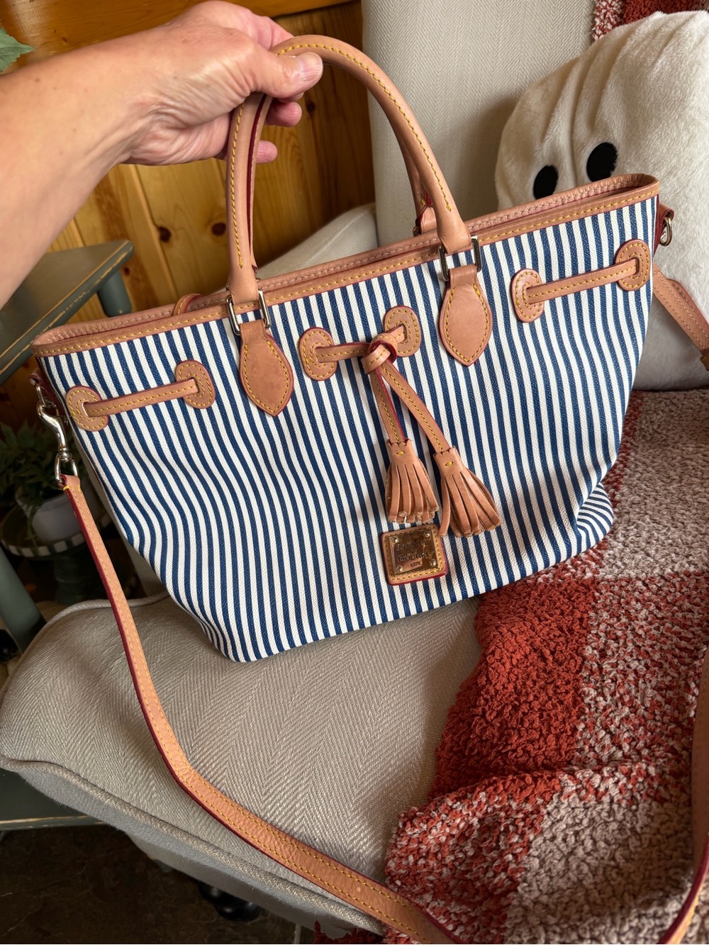Dooney & Bourke Navy & Tan Striped Leather-Trim Tote